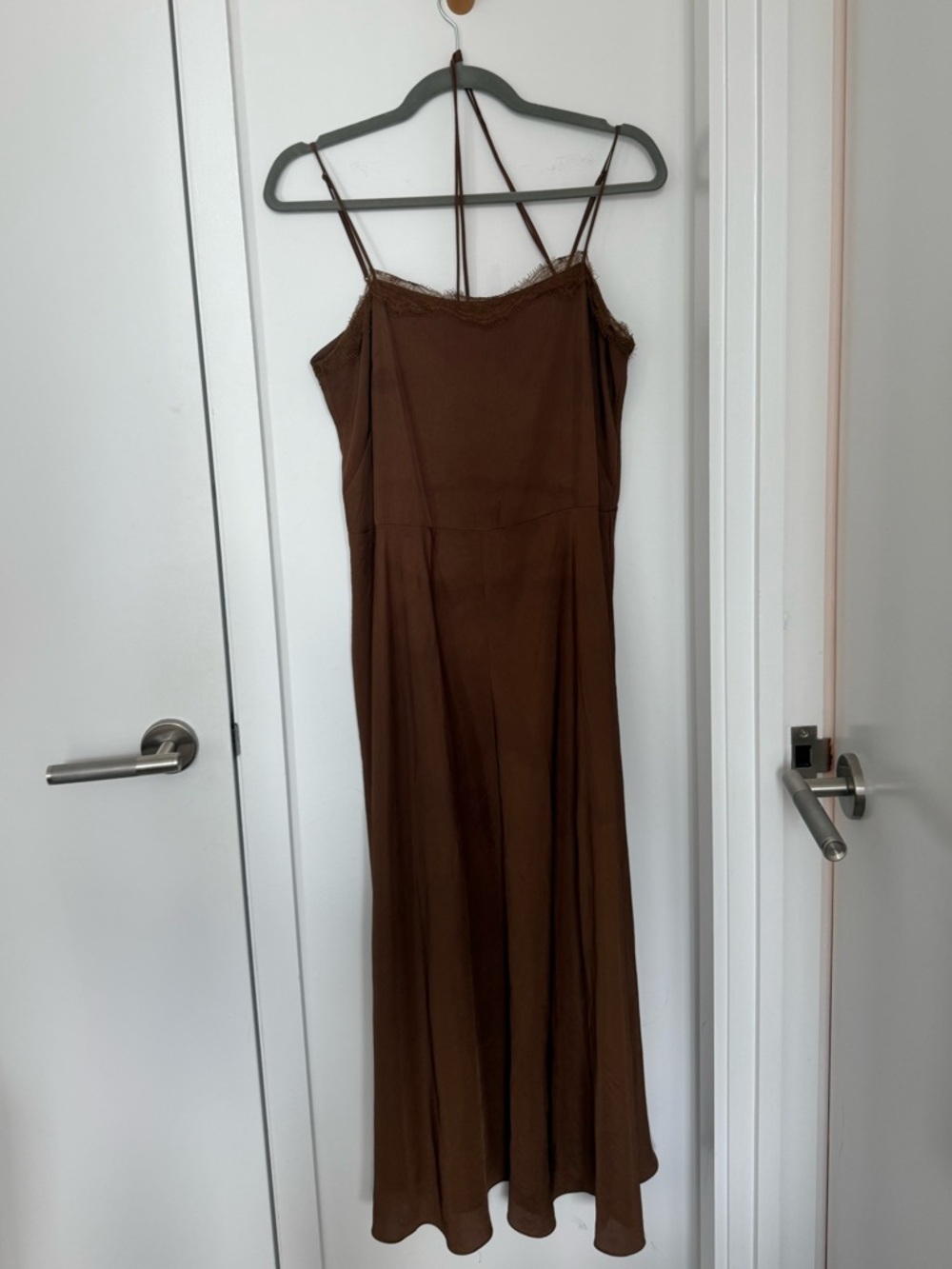 Vince Brown Slip Midi Dress with Lace Trim